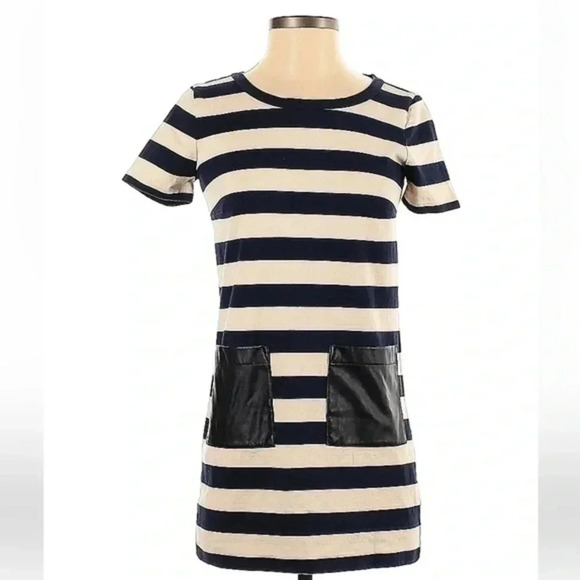 J. Crew Navy & Cream Stripe Faux Leather Pockets Dress Short Sleeve Size XXS - Picture 2 of 10